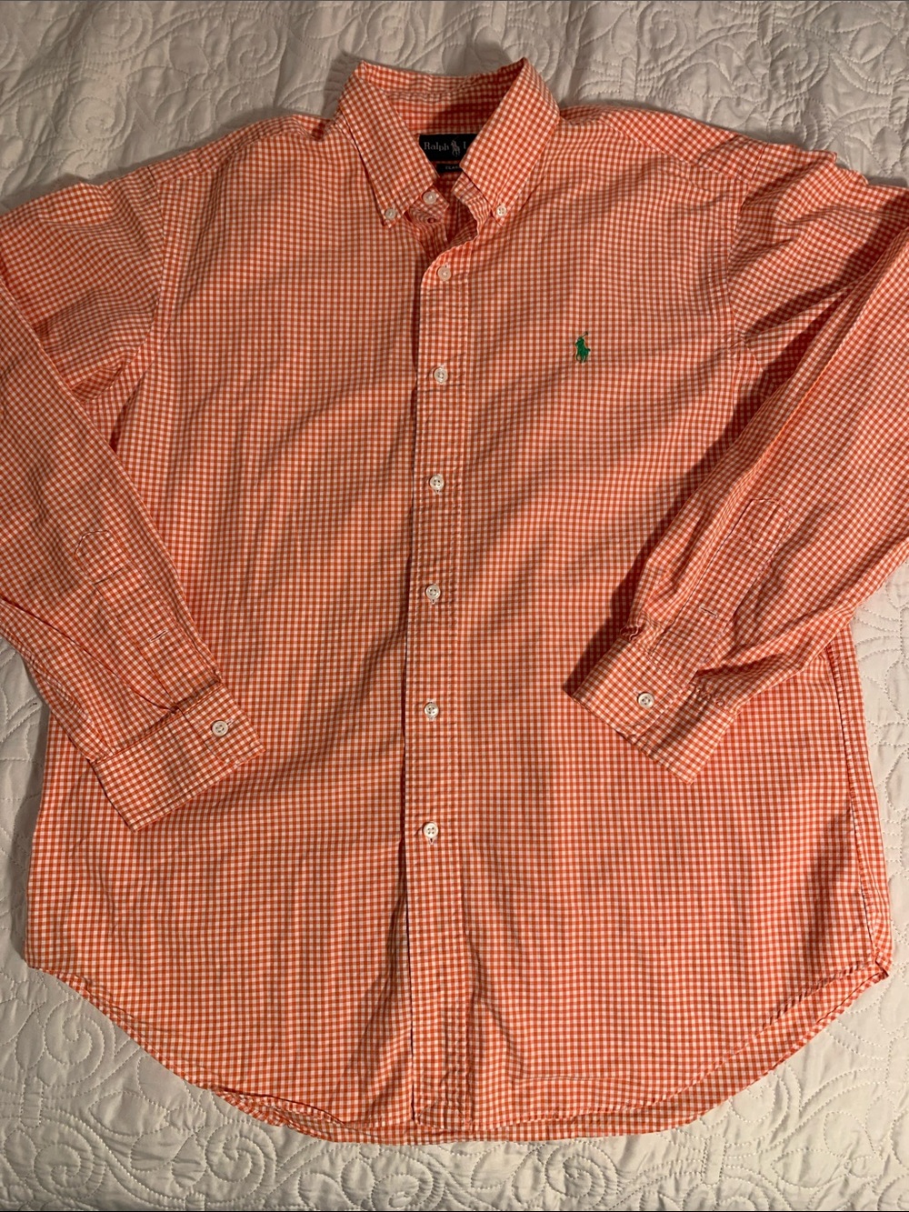 Polo by Ralph Lauren Orange Gingham Button-Down Shirt with Green Pony Size L